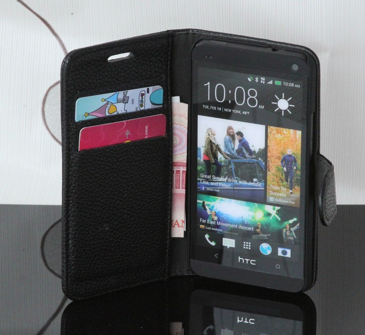 HTC One/M7皮套 荔枝紋保護套 支架插卡錢包左右開翻手機套外殼